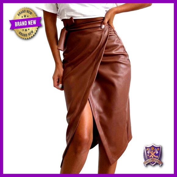 Dresses & Skirts - Faux Leather Wrap Midi Skirt High Waist Bodycon Slim Fit Small